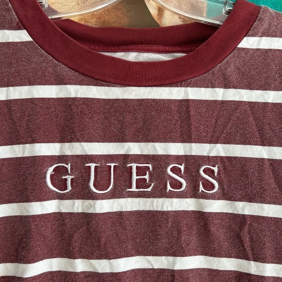 Vintage Guess LA burgundy and white Striped T-shirt - Picture 3 of 16